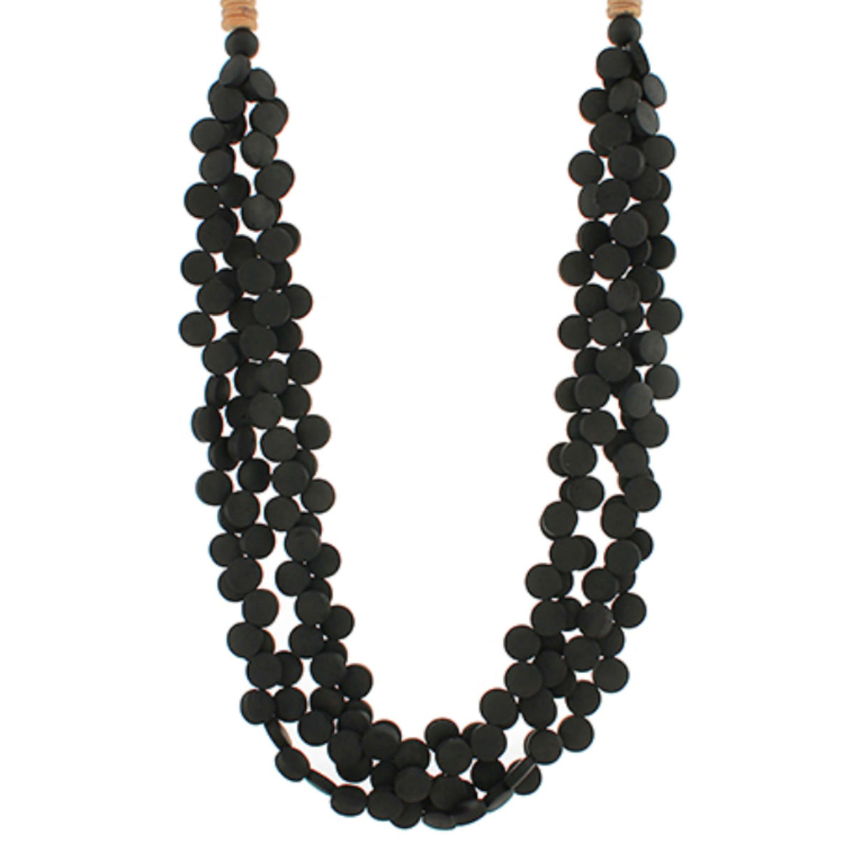 Multi-strand necklace of black disk beads in a long, layered length.
