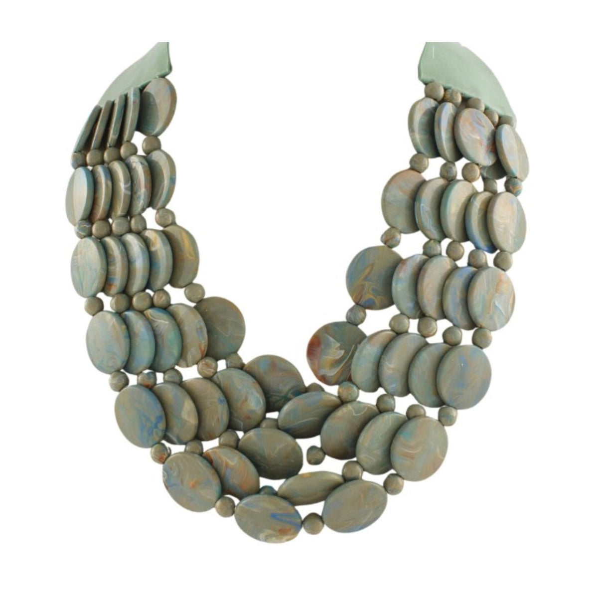 5 Row Marble Disk Beaded Statement Necklace in sage marbled disk beads, five-row layered design