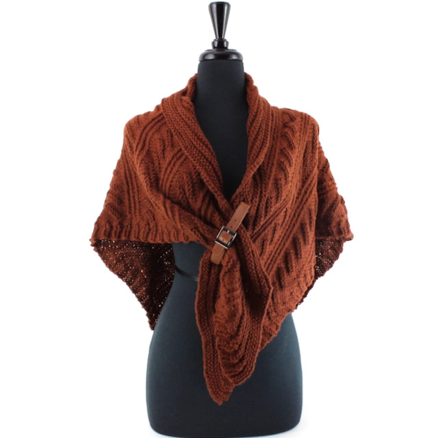 Cozy & Chic rust sweater wrap, draped over the shoulders