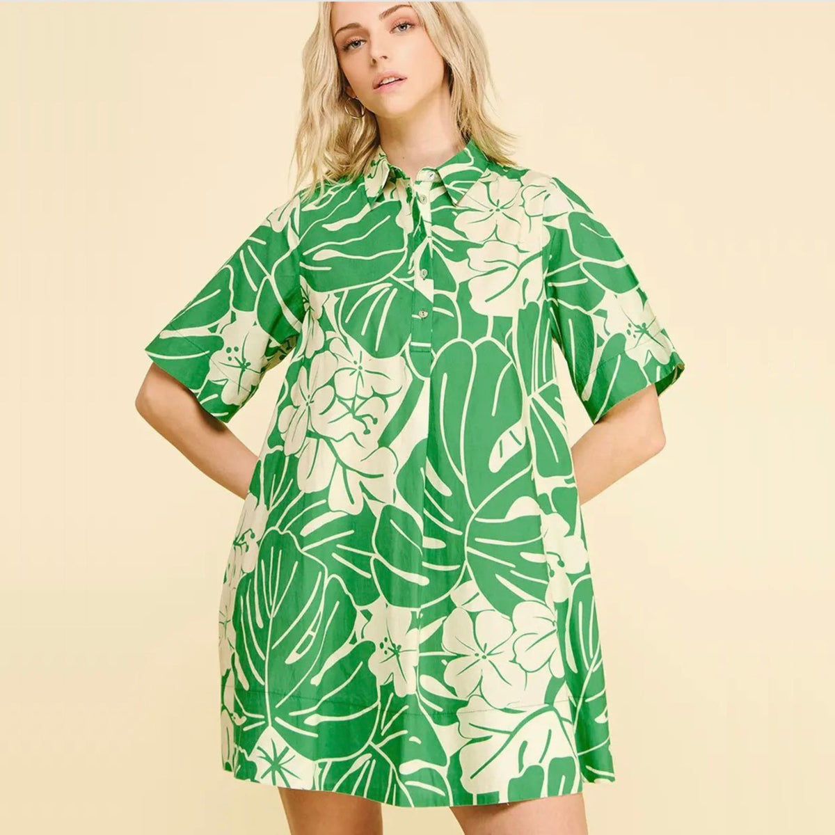Floral Print Button-Down Mini Dress in green, front view