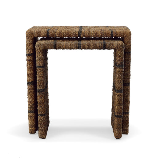 Front view of the mahogany nesting tables with woven banana leaf cord.