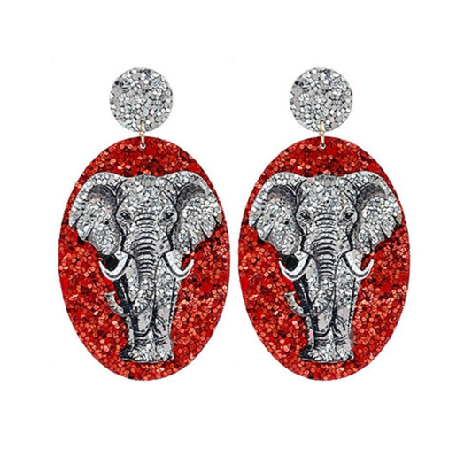 Oval glitter acrylic earrings with elephant design in crimson and white, for game day
