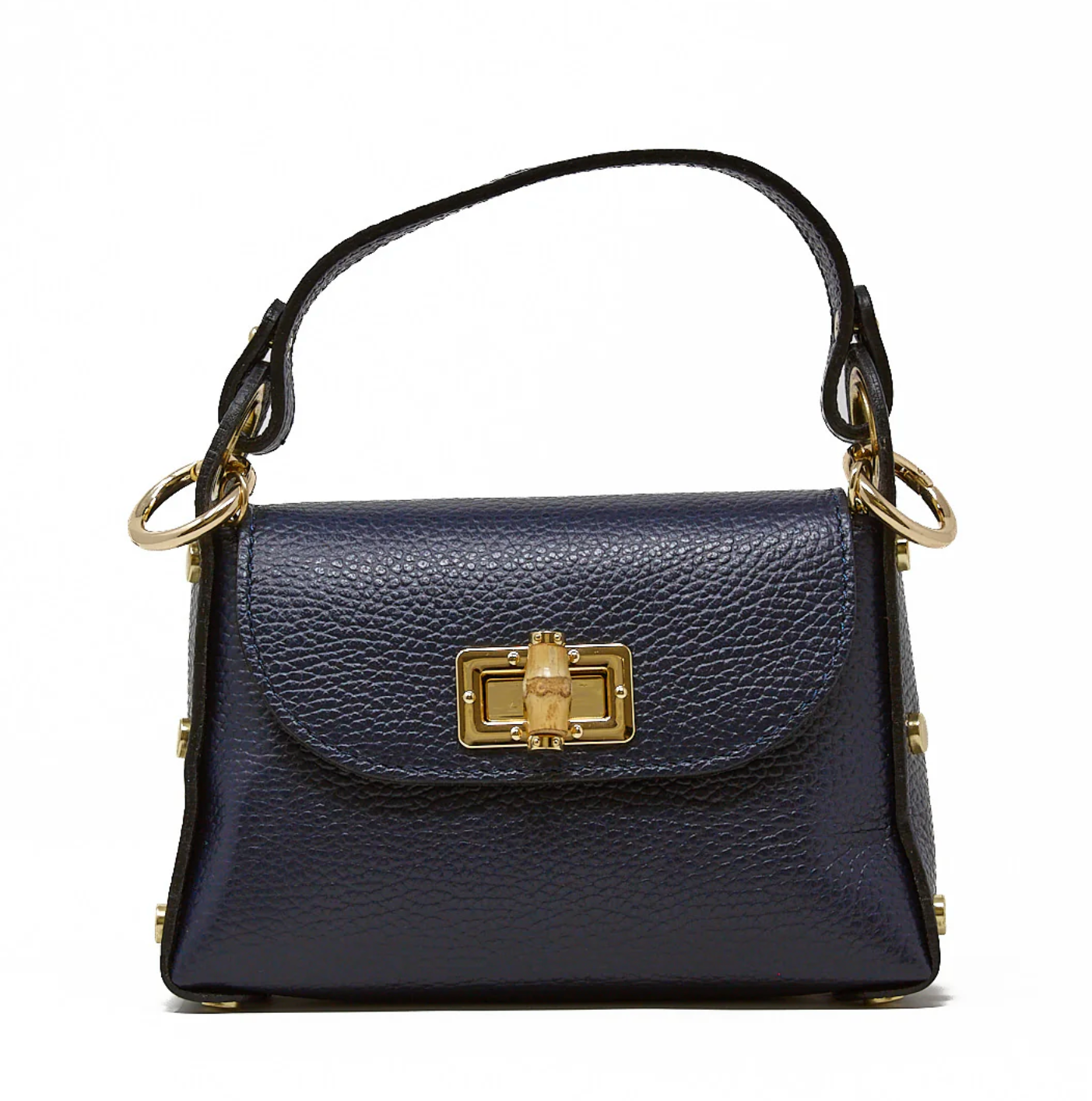 Navy handbag with gold accents on a white background
