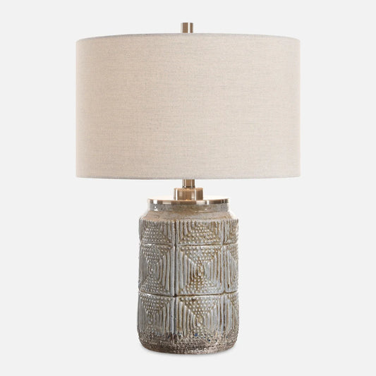 Gray ceramic table lamp with brown patina, alternate angle