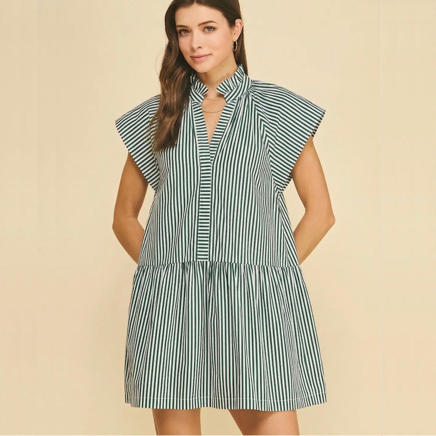 Green Stripe Ruffle Neck Tunic Mini Dress Pinch