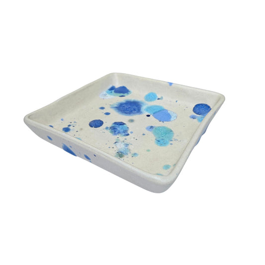 Handmade square ceramic tray in white with blue speckle glaze