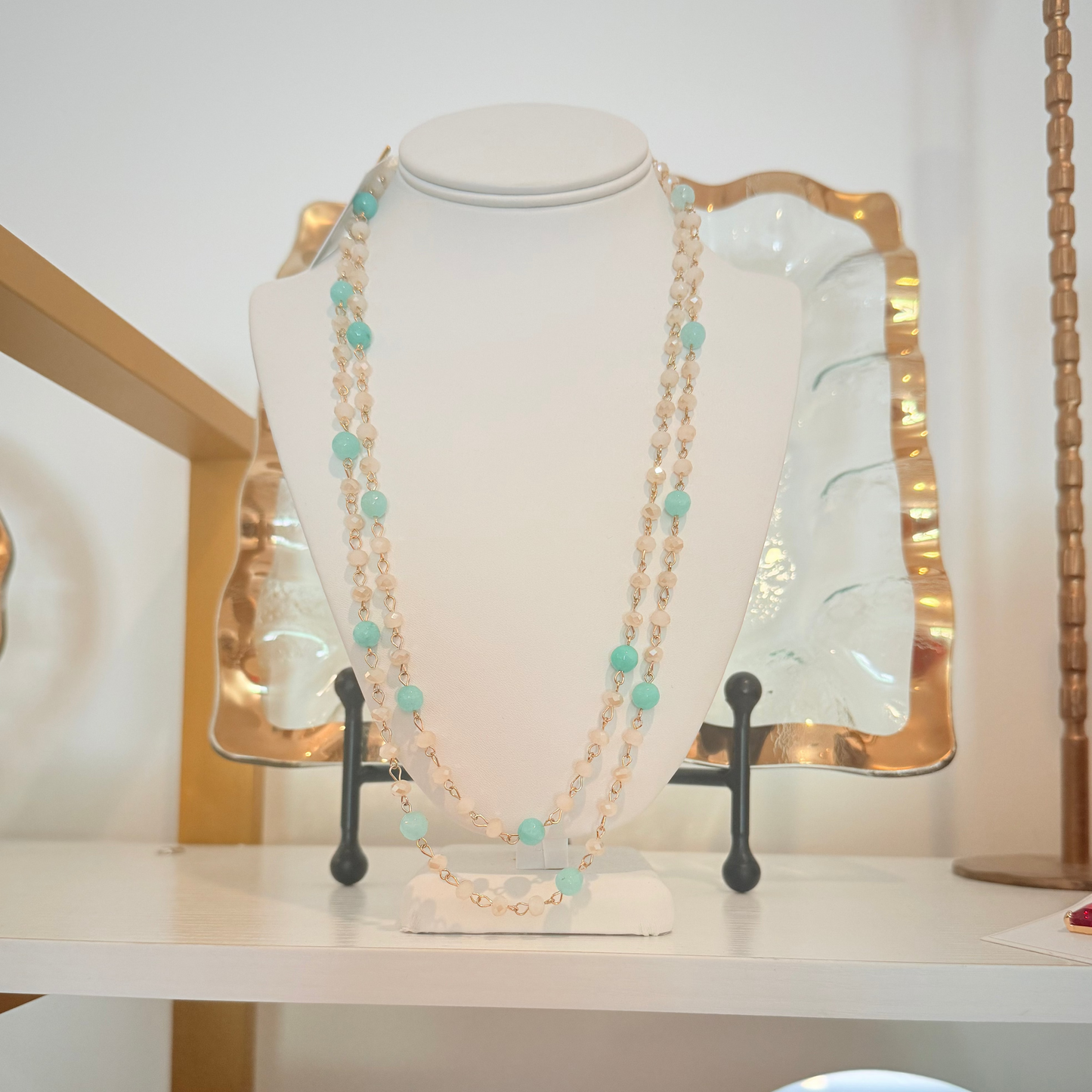 Turquoise and White Bead Necklace, layered beaded strand