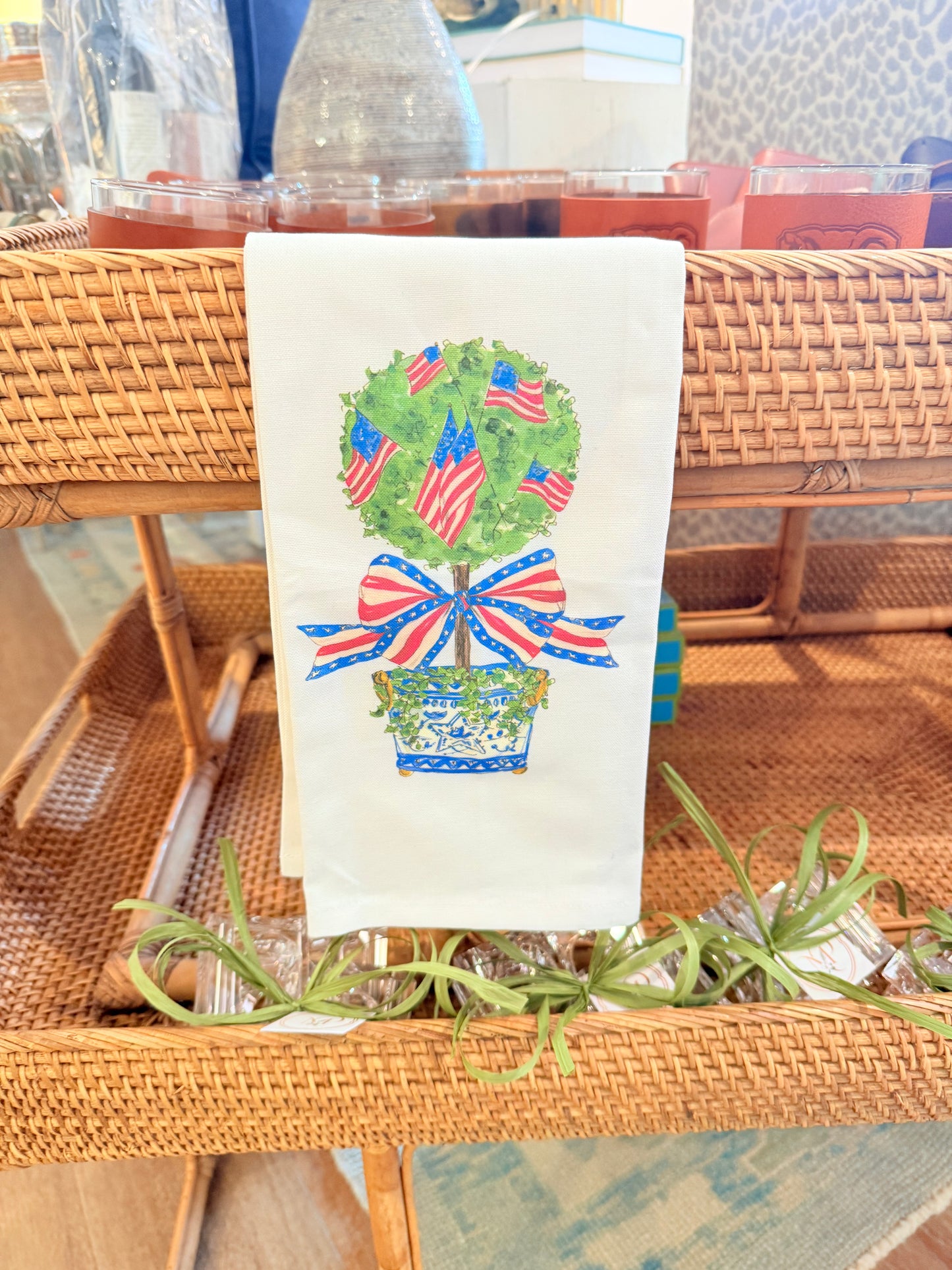 Patriotic Handpainted Topiary Kitchen Towel