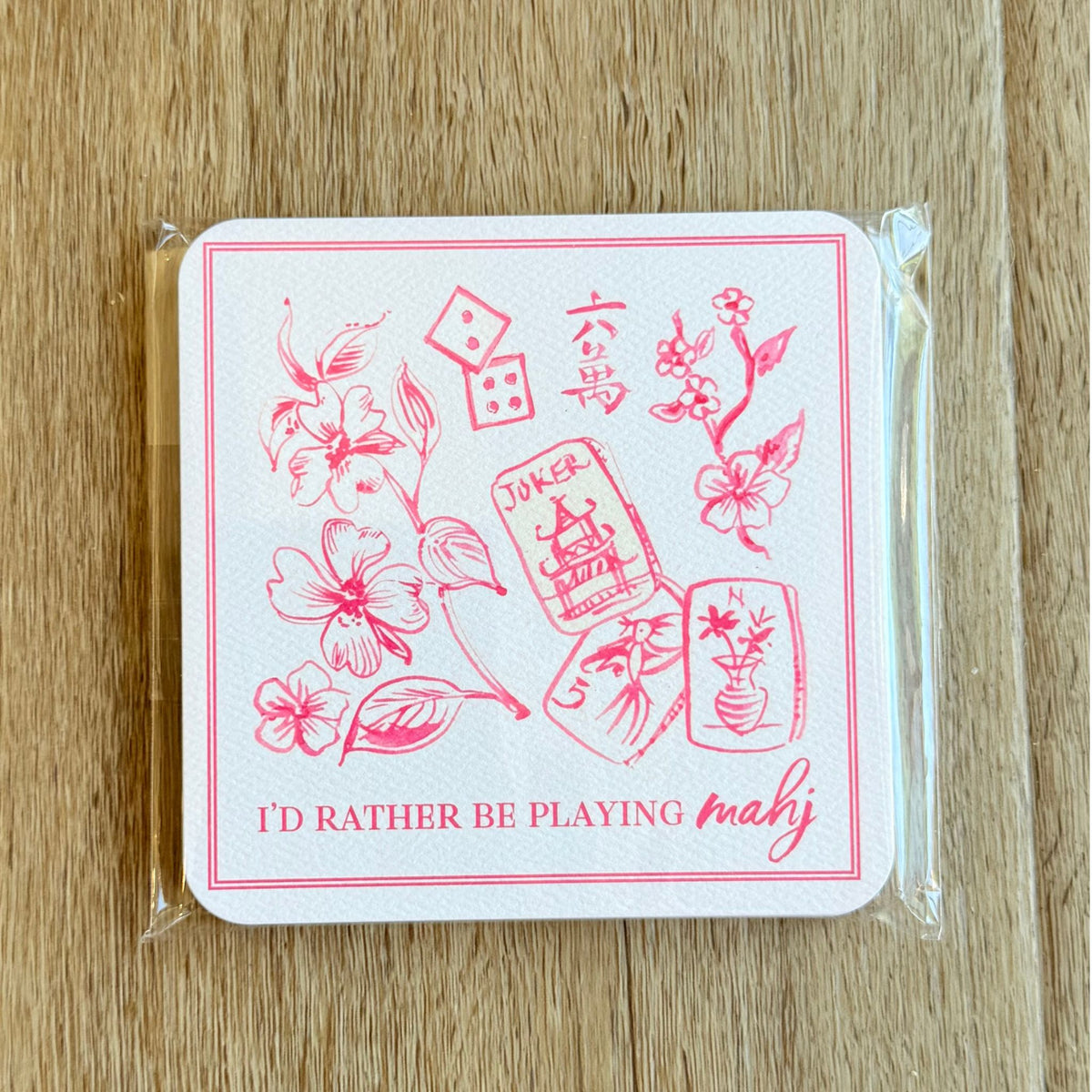 Pink mahjong toile print square coasters, set of 20