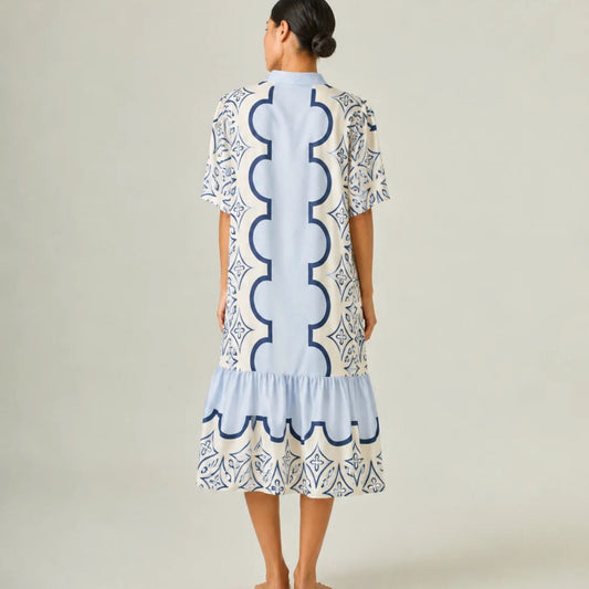 Ruffle-Hem Shirtdress in Blue Print, back view
