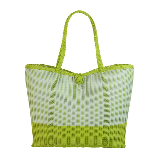A woven coated-plastic tote bag in lime green and white, featuring two top handles and a decorative button closure at the top center, shown against a plain white background.