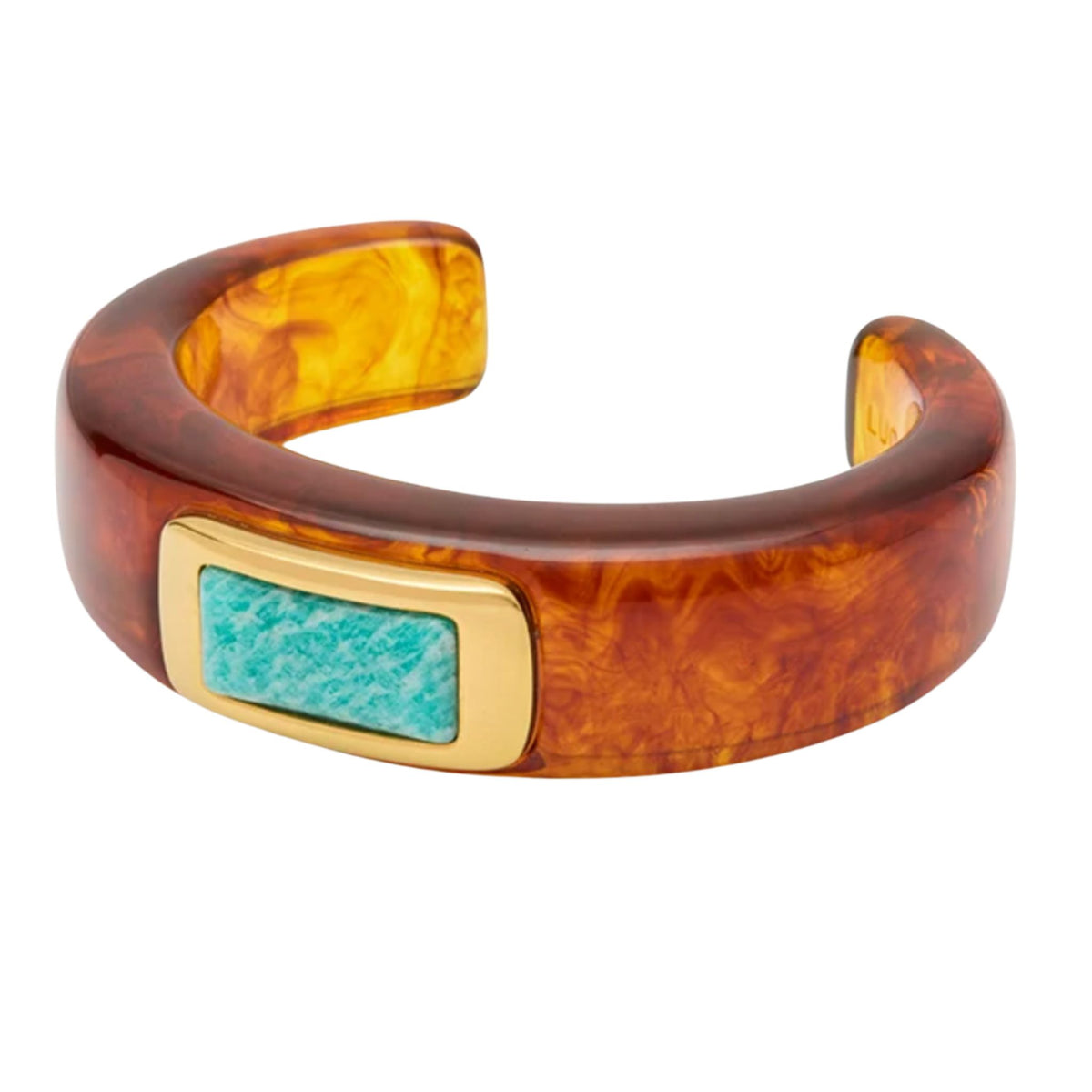 Tortoise-pattern Swiss resin open cuff bracelet with a turquoise amazonite inset.