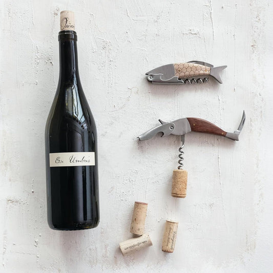 Merbau Wood Fish Bottle Opener, lifestyle shot on bar cart
