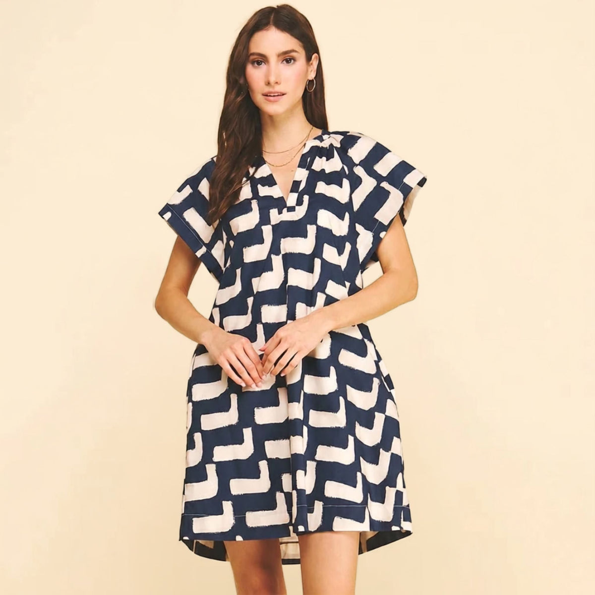 Mini navy geometric print tunic dress, alternate front view