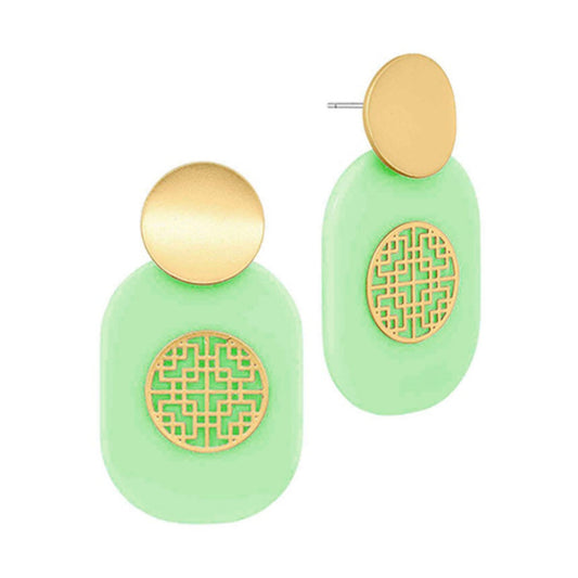 Medallion Drop Earrings in mint, gold filigree medallion overlay