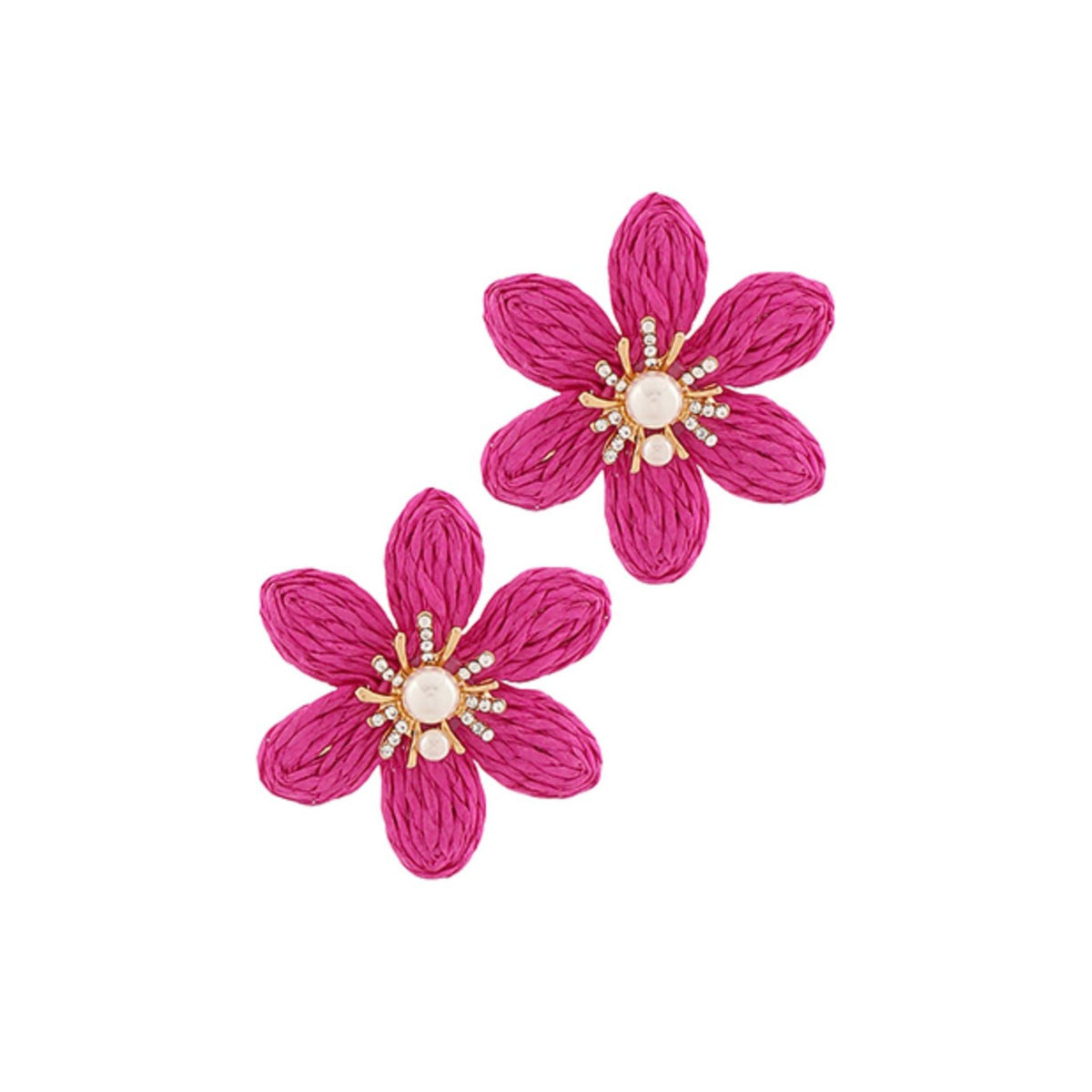 Raffia Flower & Pearl Earrings in pink raffia with faux pearl center