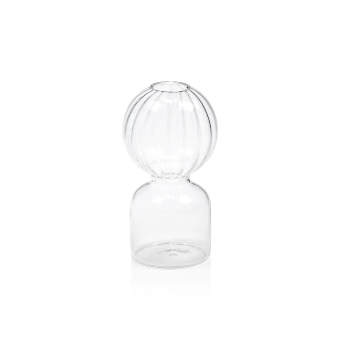 Clear glass double-bulb vase with a ribbed spherical top and a rounded cylindrical base, centered on a white background.