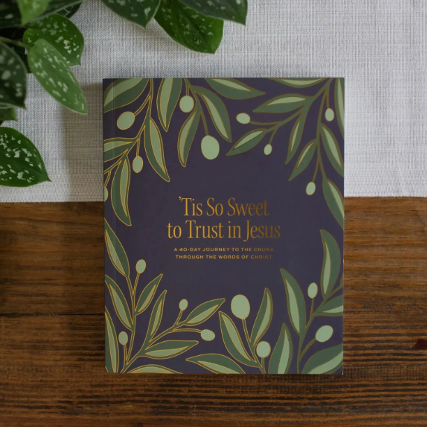 Book titled 'Tis So Sweet to Trust in Jesus' with leaf design on a wooden surface.