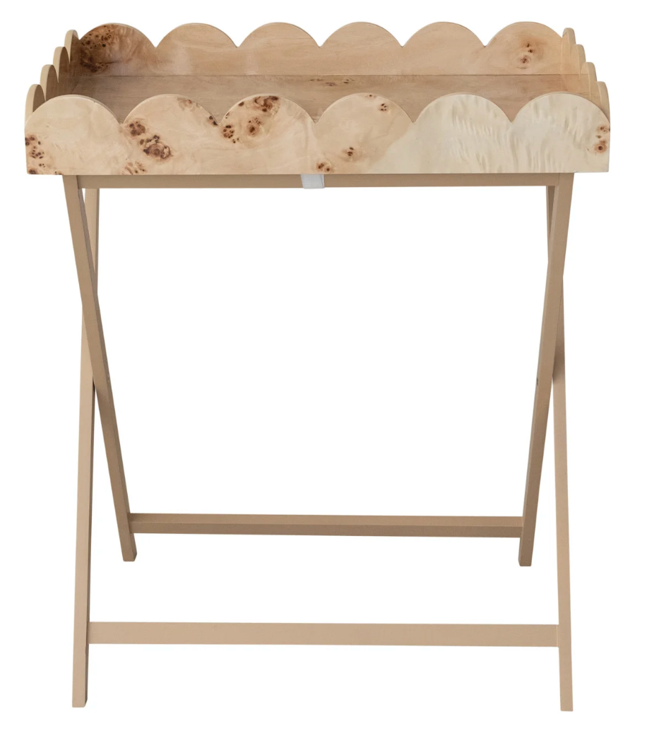 Burled wood folding table with a removable scalloped-edge tray top