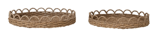 Woven Seagrass Scalloped Trays, Set of 2