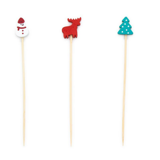 Set of Christmas-themed cocktail pics with snowman, reindeer, tree, and Santa Claus designs.