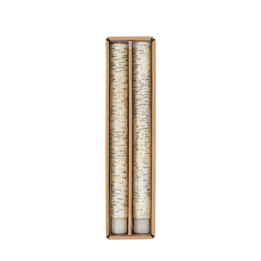 Two birch wood taper candles in a light brown wooden gift box, shown against a plain white background.