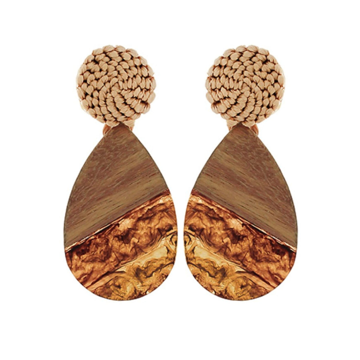 Wood & Raffia Teardrop Earrings in warm wood and resin with raffia accent