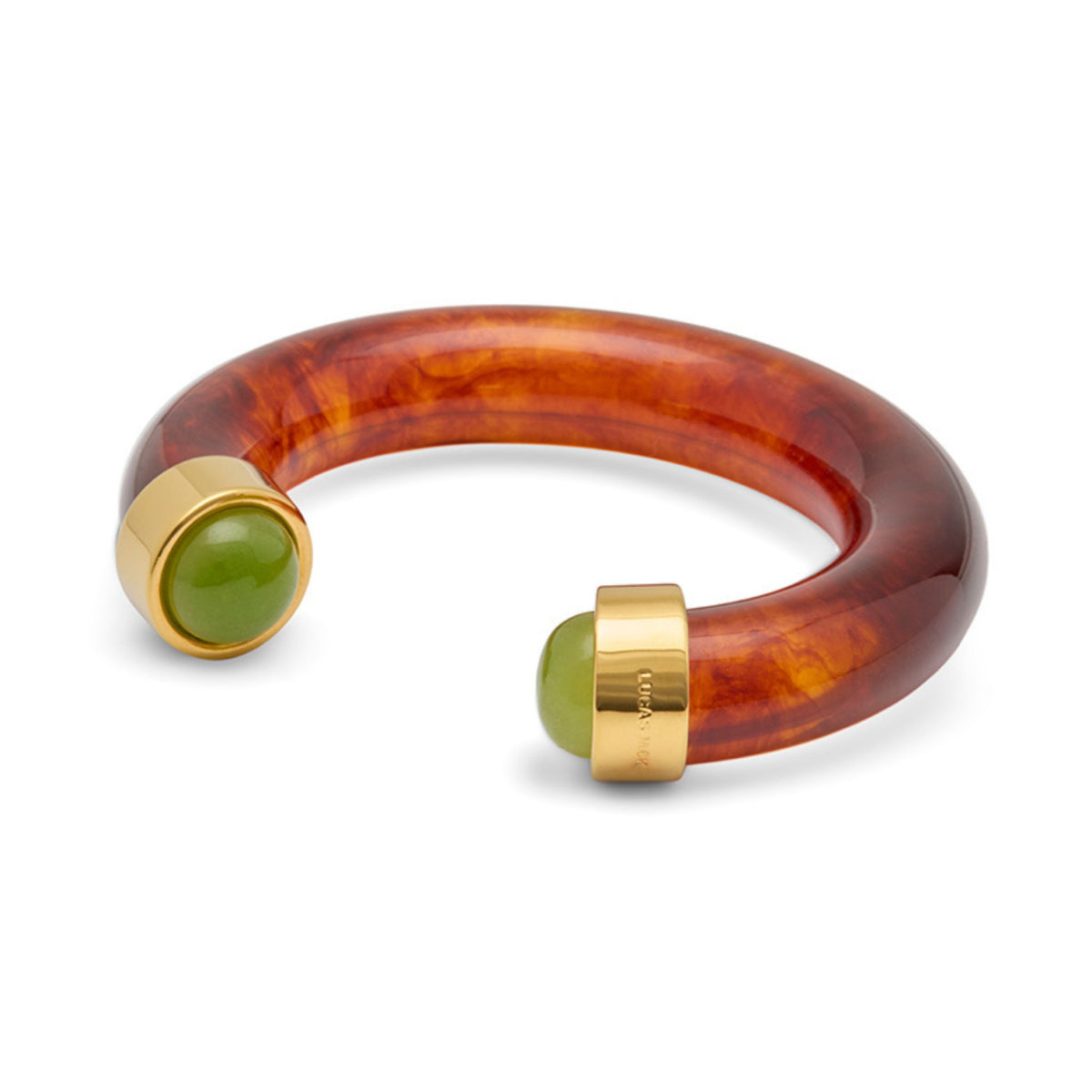 Tortoise-pattern Swiss resin cuff bracelet with lime green quartz cabochons and 18K gold-plated caps, by Lucas Jack.