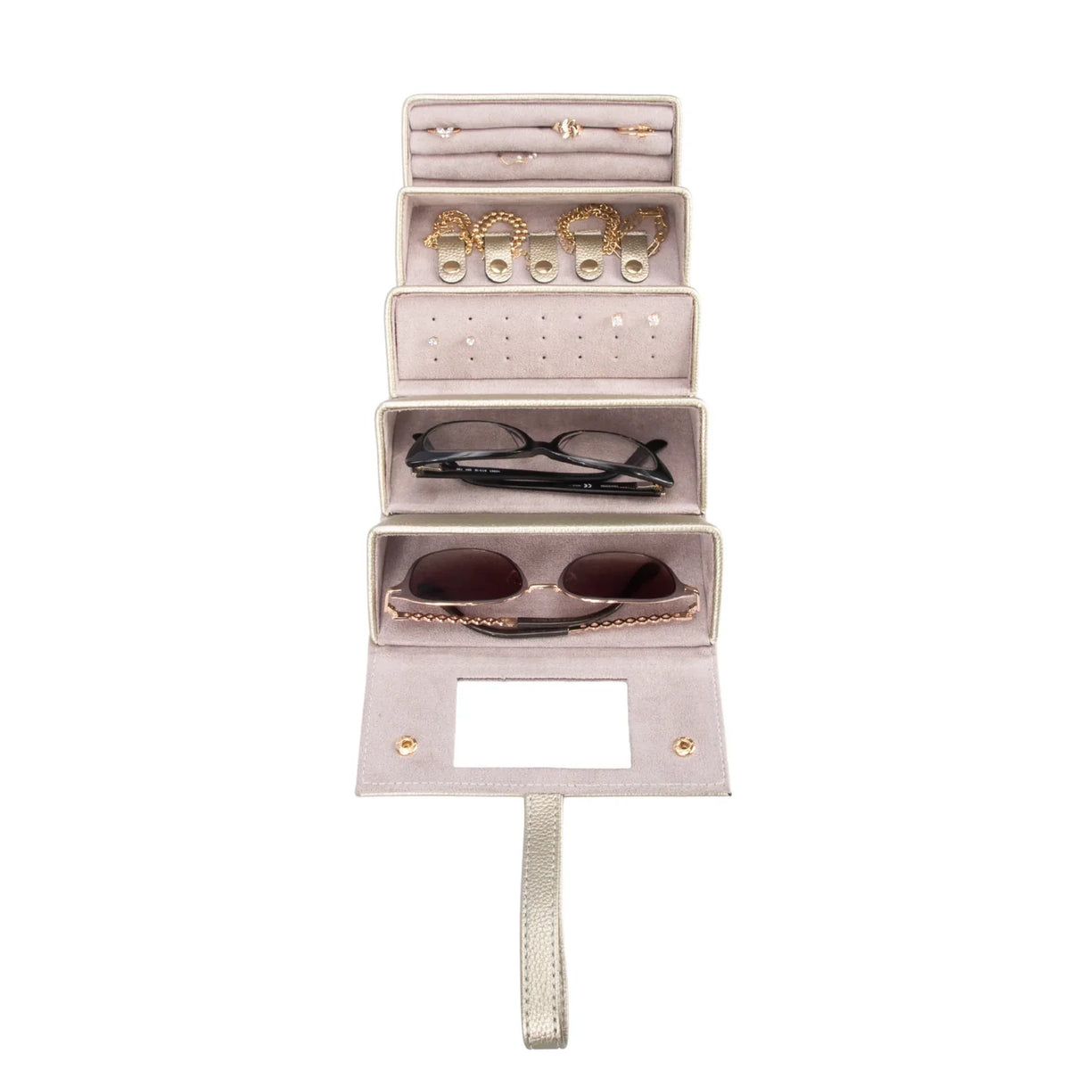 Travel Eyewear & Jewelry Case open, showing earring card and jewelry compartments