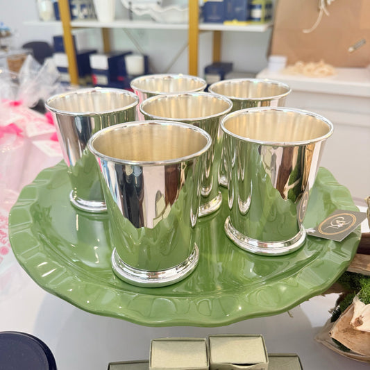 Vintage silverplate mint julep cups showing warm aged patina