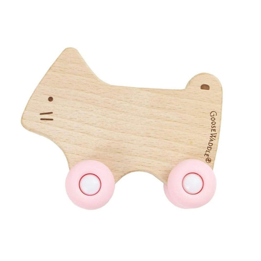 Wooden Animal Teether with Wheels in Pink Kitty