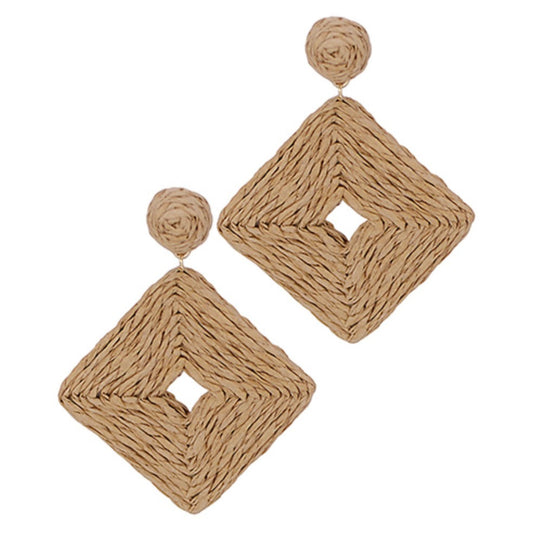 Wrapped Raffia Square Earrings in brown raffia