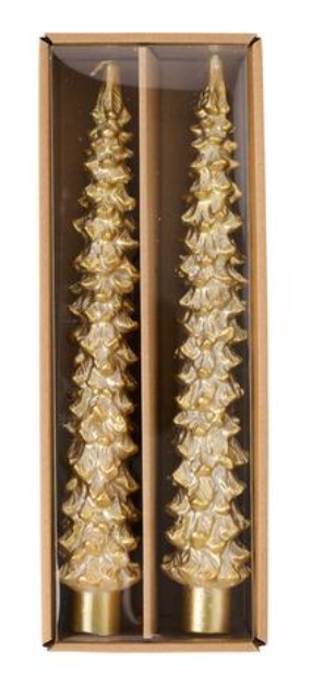 A boxed set of two gold textured Christmas tree-shaped taper candles.