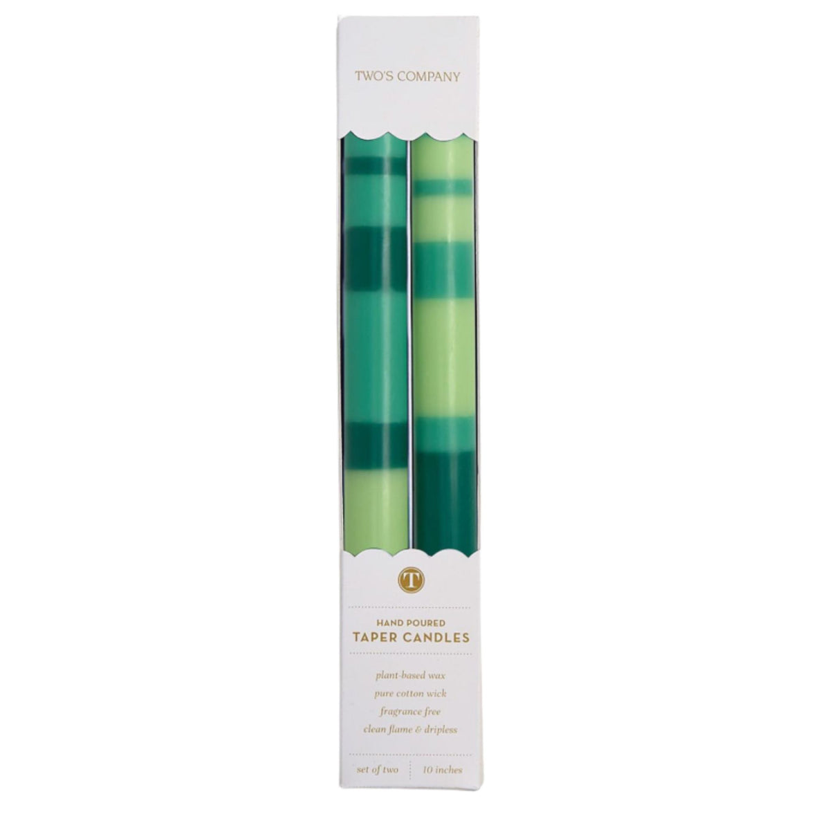 A boxed set of two teal and sage green striped taper candles, 10 inches tall, labeled Hand Poured Taper Candles