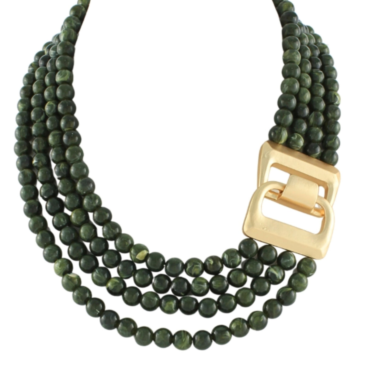 A four-strand burgundy marbled bead necklace with a matte gold buckle-style clasp, close-up detail view.