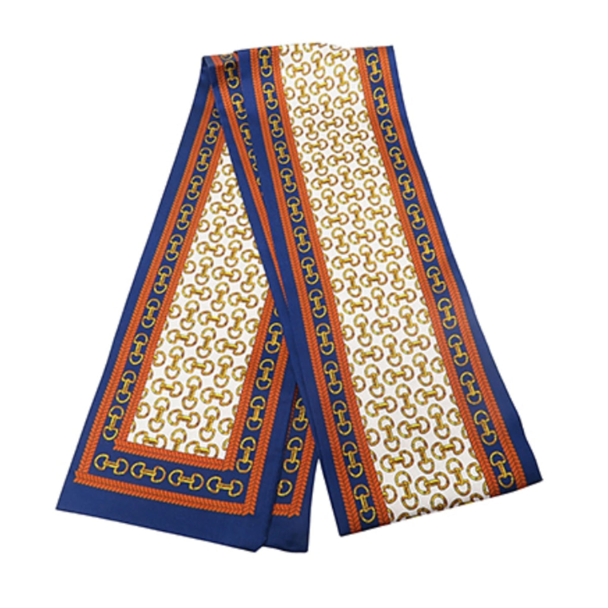 A navy and orange chain-link print skinny scarf with a cream center panel, folded in a loop.