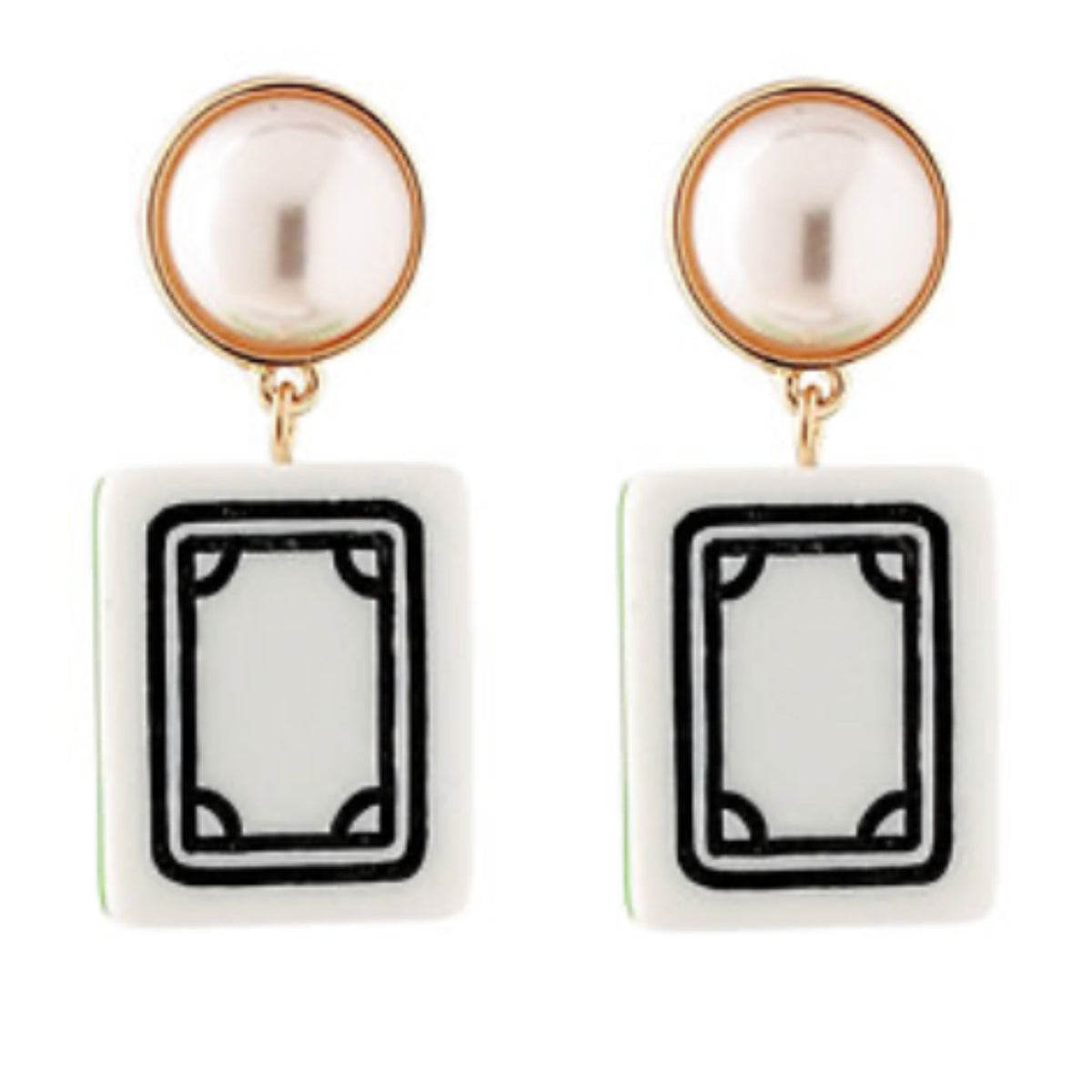 A pair of gold-tone earrings with round pearl-look tops and white rectangular mahjong tile drops with a black double-line border.