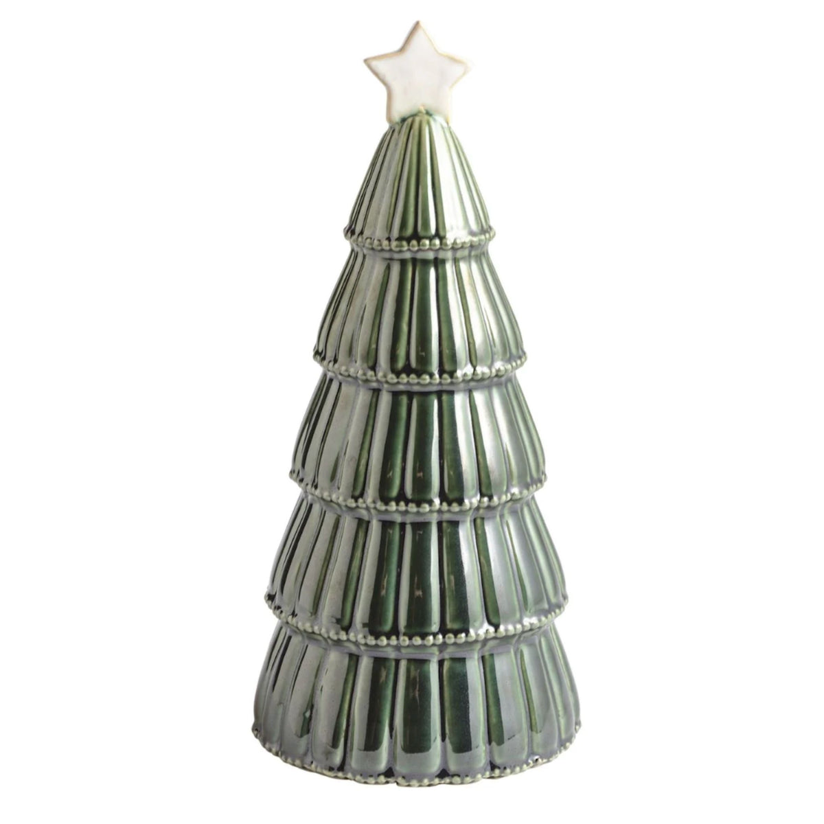 A tall dark green ceramic Christmas tree with ribbed tiers, beaded trim, and a cream star on top.