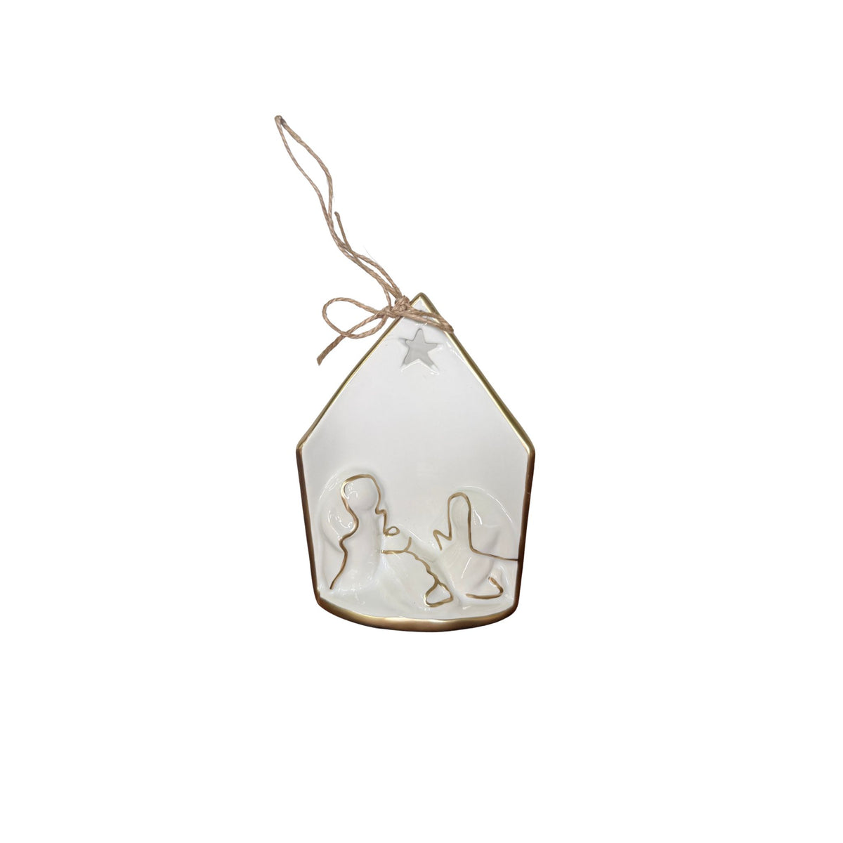 A white arched ornament with a gold-outlined silhouette of the nativity scene and a star, tied with jute ribbon.