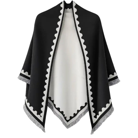 A black triangle wrap with white scalloped trim and gray fringe, shown on a plain white background.