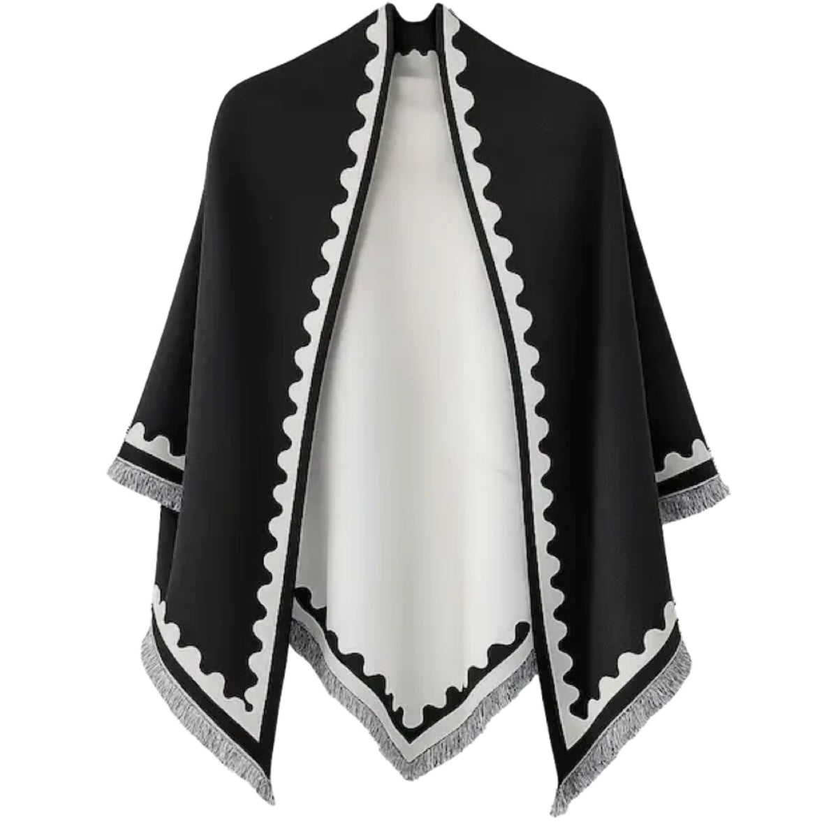 A black triangle wrap with white scalloped trim and gray fringe, shown on a plain white background.