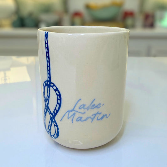 Handmade ceramic Grande cup, Lake Martin with hand-drawn nautical knot design