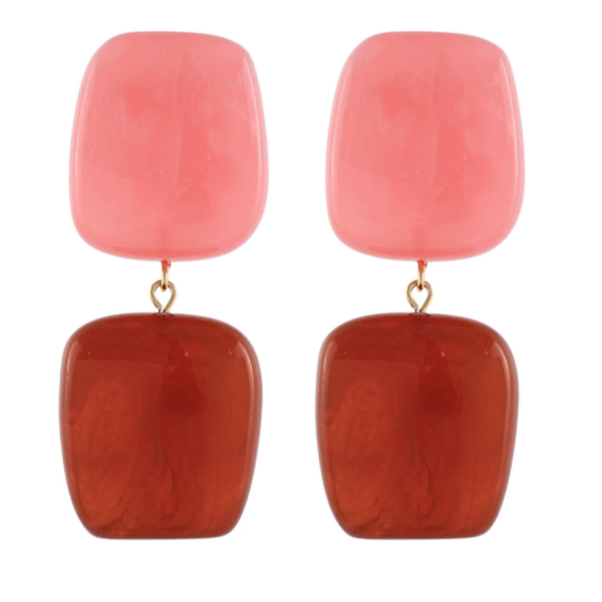 Marbled resin dangle earrings with a coral pink square on top and a rust-brown square below.