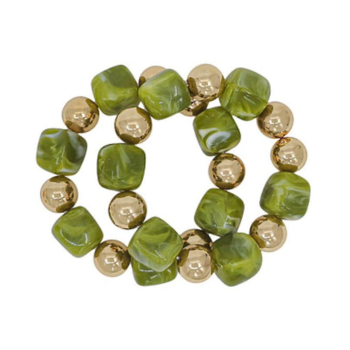 Olive & Gold Square Beaded Bracelet, square resin beads with gold CCB accents