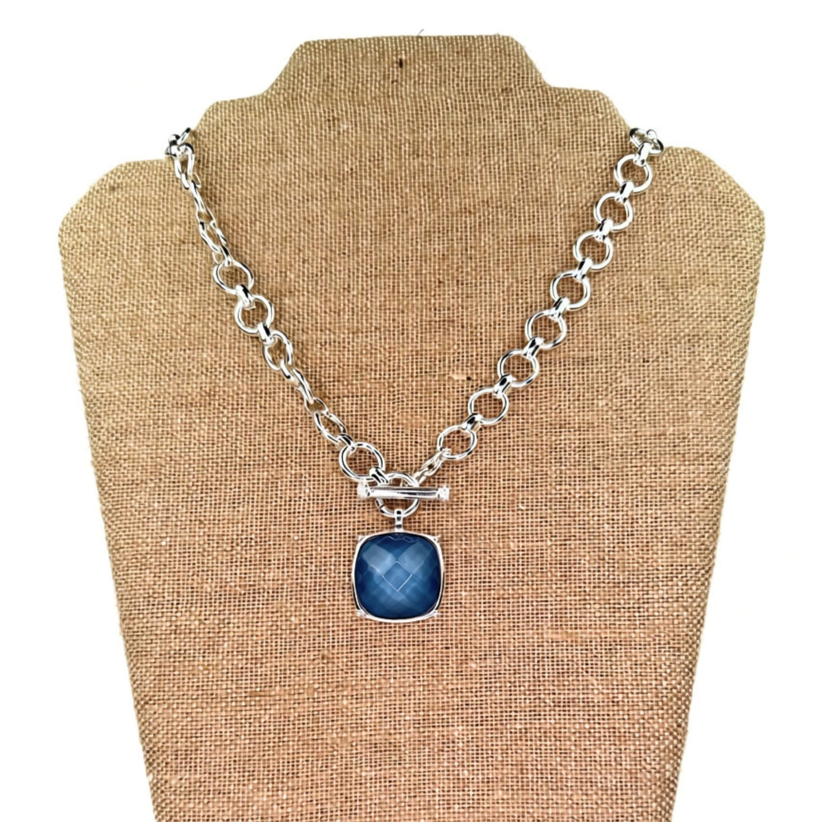 Silver Toggle Necklace in blue, square-cut stone pendant with plaid pattern