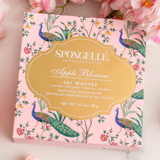 Spongellé Apple Blossom soap packaging with peacock design on a floral background