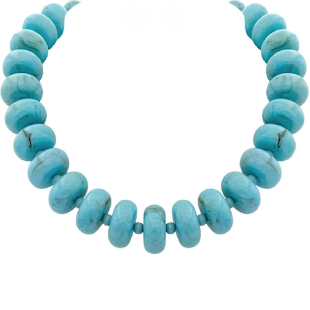 A single-strand necklace of chunky turquoise-blue beads with dark marbling, separated by small round spacer beads.