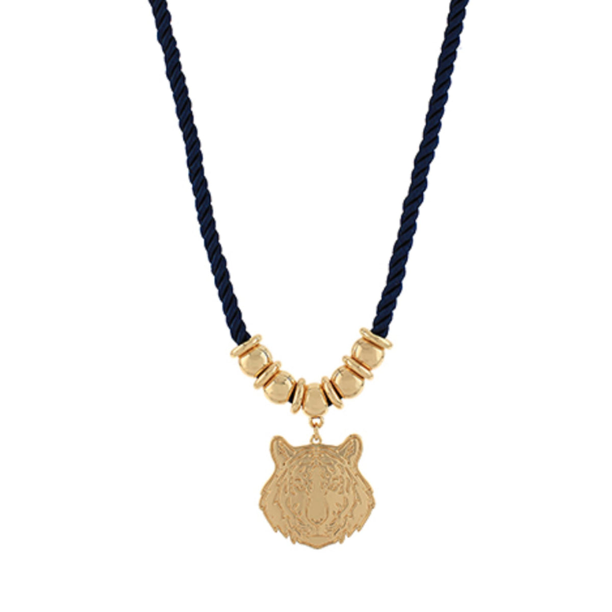 Navy cord necklace with gold beads and a gold tiger head pendant.