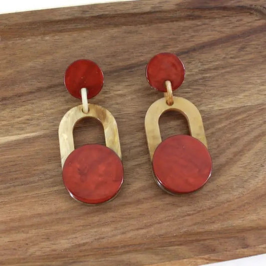 Circles and oval resin drop earrings, red