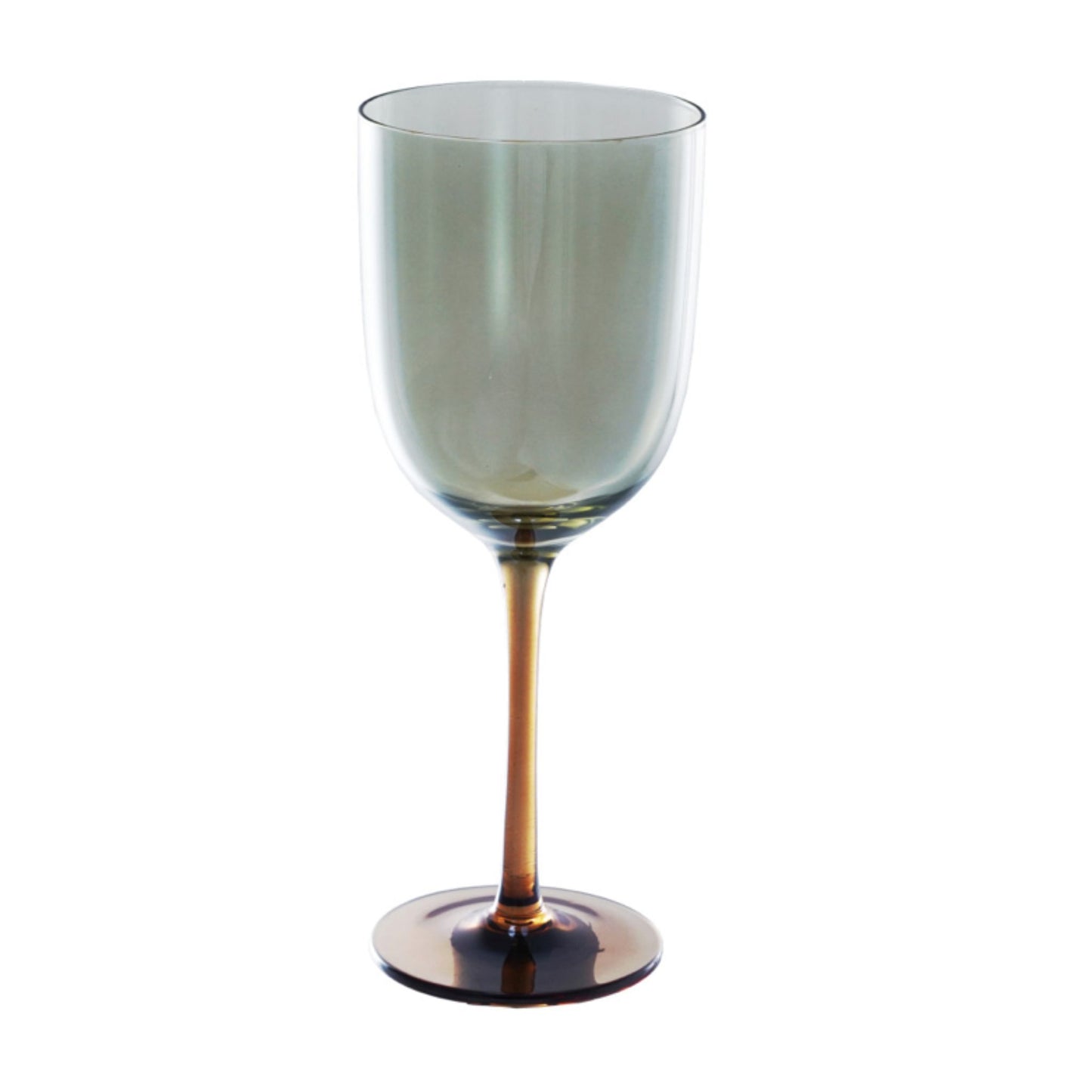 A single stemless wine glass with a translucent smoky gray-green bowl and a warm amber-brown stem and base, shown on a plain white background.